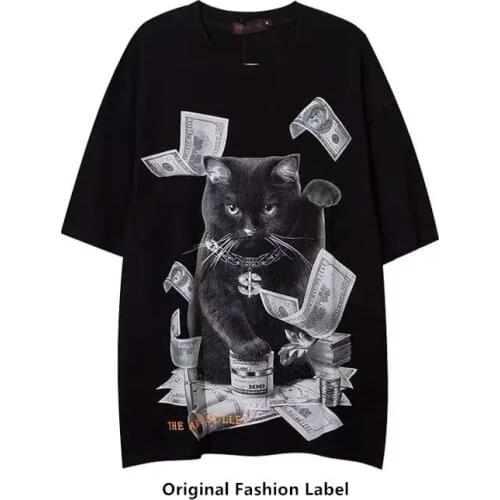 Summer Street Style Punk Rock Cat and Dallor Printing T Shirt For Men Hip Hop Loose Short Sleeve Cotton Tee Streetwear