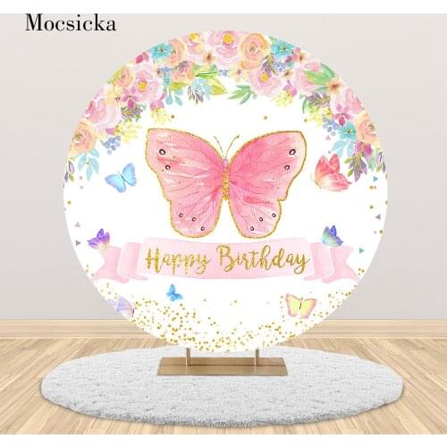 Mocsicka Round Circle Happy Birthday Photography Backdrop Pink Butterfly Flower Child Kid Birthday Background Cover Studio Props