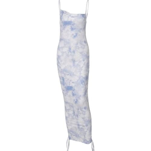 New Summer Fashion Printed Drawstring Slim Halter Sling Dress