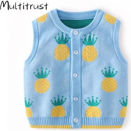 New Girls Vest Cartoon Fruit Print Sleeveless Knit Sweater Kids Clothing Newborn Baby Kids Waistcoat Autumn Boys Jacket Vest