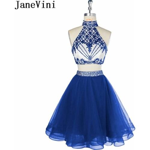 JaneVini Charming Royal Blue Short Bridesmaid Dresses Two Piece Dress Crystal Beading Tulle A Line Girls Homecoming Party Gowns