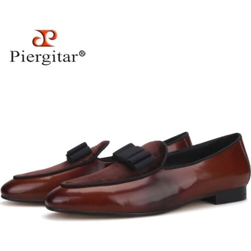 Piergitar Summer Style Brown Calfskin Mens Loafers For Wedding Butterfly-Knot Moccasin Shoes Men Smoking Slippers Plus Size