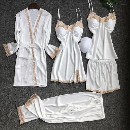 White Lace Trim Pijamas Suit Women Satin 5PCS Sleepwear Spring Summer Sleep Set Femme V-neck Pajamas Set Casual Home Clothes