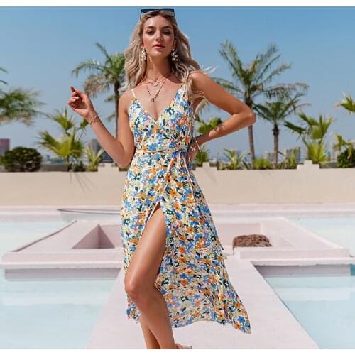 Simplee Holiday summer flower print wrap dress bow sash V-neck sleeveless Asymmetrical women dresses Sexy beach dress chic 2021