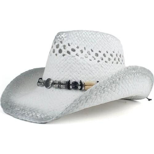 2019 Retro Handmade Weave Straw Women Men Hollow Western Cowboy Hat Lady Dad Sombrero Hombre Cowgirl Jazz Sun Caps Size 56-58CM