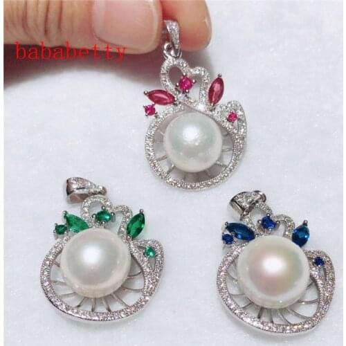 New natural freshwater Edison 12-13 mm pearl inlay zircon pendant