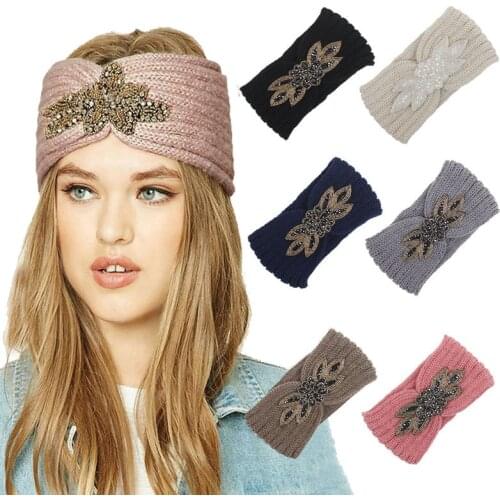 Flower Beaded Headband Women Girls Hairband Winter Ear Warmer Cap Hat Knitted Headbands Headwrap Hair Accessories Turbante