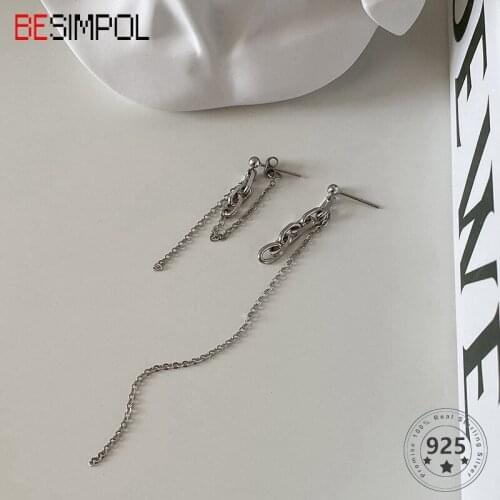 Besimpol Real 925 Sterling Silver Asymmetrical Earrings Fashion Long Chain Stud Earrings For Women Luxury Fine Earring Jewelry