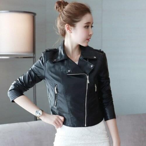 2019 New Fashion Women Autumn Winter Black Faux Leather Jackets Zipper Basic Coat Turn-down Collar Biker Jacket With Pocket