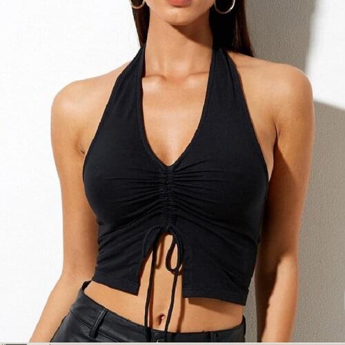 Womens Solid Color Halter Backless Cropped Tank Tops Slim Fit Sleeveless Wild Casual Drawstring Chic Stylish Split Hem Vest