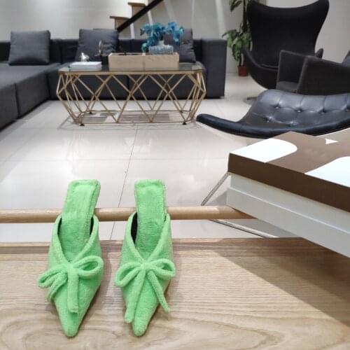 2021 Newest Winter Shoes Woman Mules Slippers Pointed-Toes Thin Heels Woman Slippers Plush Shallow Woman Slippers Bota Feminina