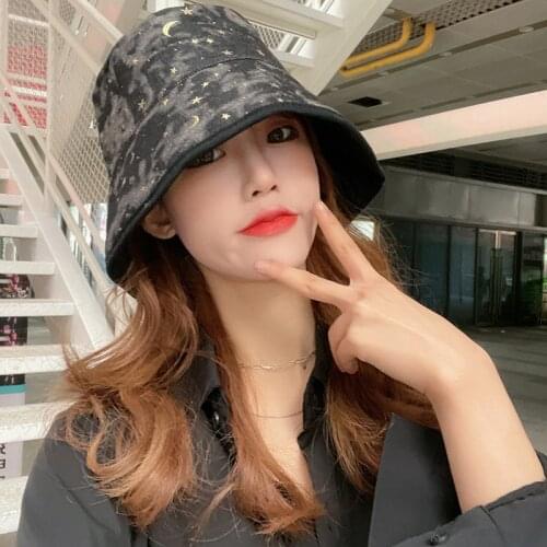 Womens Double Sided Denim Tie Dye Star Moon Bucket Hat Female Versatile Net Red Fisherman Hat