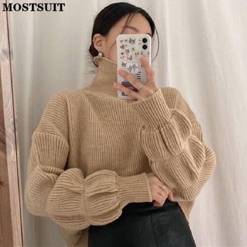 Lantern Sleeve Turtleneck Knitted Sweater Pullover Women Full Sleeve Solid Loose Korean Chic Female Jumpers Tops Femme 2021