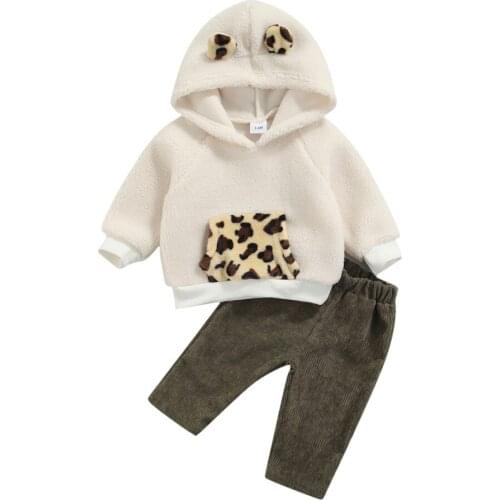 2021 3-24M Infant Baby Girl Boy Clothes Winter Fall Velvet Leopard Patch Pocket 3D Ears Hooded Sweatshirt+Corduroy Pants 2pcs