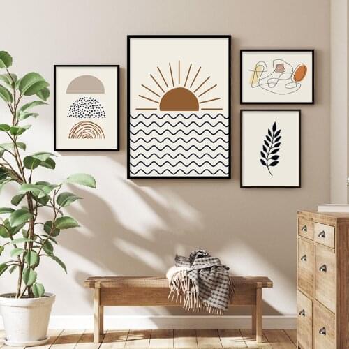 Abstract Sun Rising Line Beige Boho Poster Modern Canvas Painting Wall Art Prints Pictures for Living Room Interior Home Decor