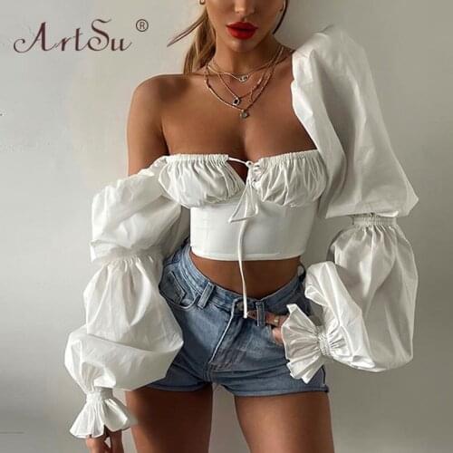 ArtSu Elegant Square Collar Lantern Sleeve Blouses Women Summer Floral Print Shirts White Party Crop Top 2021 Lady Lace Up Tops