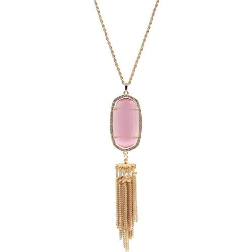 Large Oval Cats Eye Resin Stone With Claw Long Metal Tassel Pendant Necklace