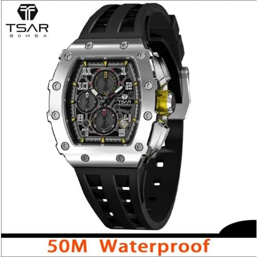 TSAR BOMBA Watches for Men Luxuri Tonneau Design 100M Waterproof 316L Stainless Steel Wristwatch Sport Chronograph Stylish Gift