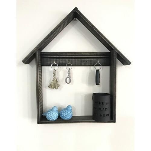 Wooden Decor Useful Wooden House Shaped Wall Key Holder Robe Hook Brown Natural Wood Handmade Doorway Hol