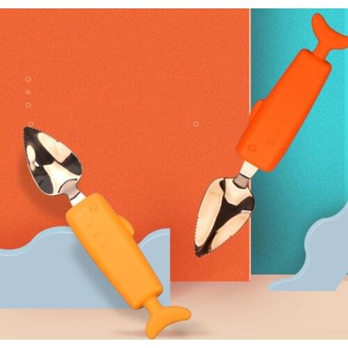 Shark Shape Baby Fruit Spoon Cartoon Design Serrated Edge Utensils Stainless Steel Fruit Feeding Spoon Toddler Daily Tableware