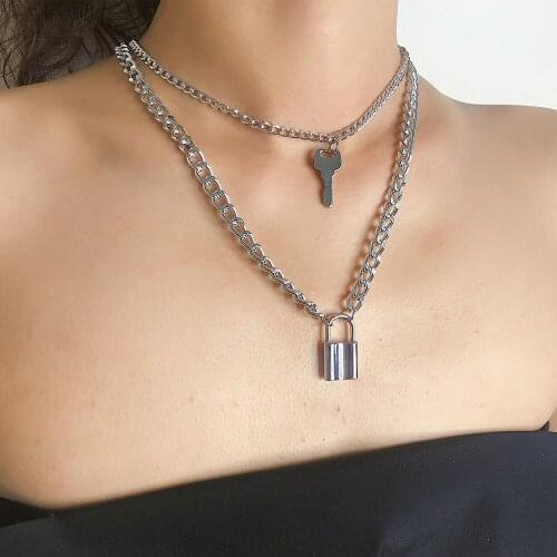 Lock Long Aluminum Chain Double Layer Necklace Link Silver Plated Padlock Necklace Men Women Hip Simple Necklace