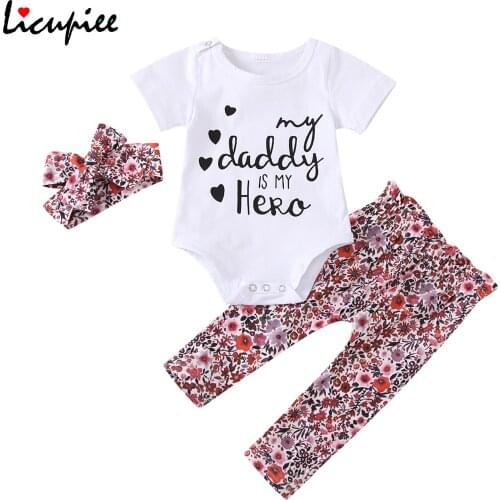 0-18 Months Infant Baby Girls 3 Pcs Outfits Suits Short Sleeve Letter Printed Tops + Floral Printed Long Pant + Headband Sets