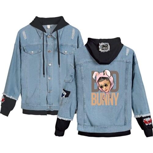 Funny Bunny Rabbit Denim Jacket Hip Hop Style Men Women Long Sleeve Fake Two Pieces Sport Jean-Jackets Hoodie Streetwear Clothes