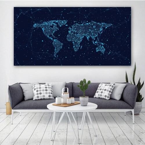 World Map Canvas Painting Blue Constellation Background Prints And Posters Abstract Wall Pictures Home Decor
