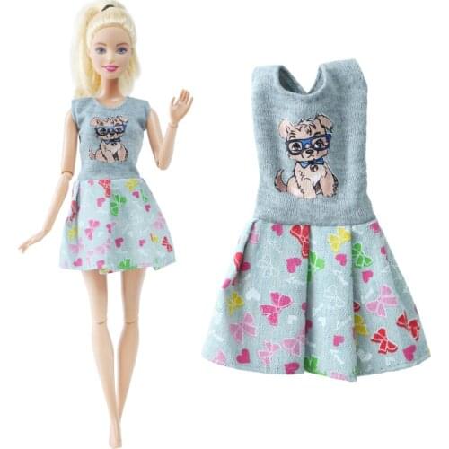 BJDBUS Summer 1 Set Doll Dress bowknot Cute Dog Pattern Mini Gown Outfit Daily Casual Wear Clothes for Barbie Doll Accessories