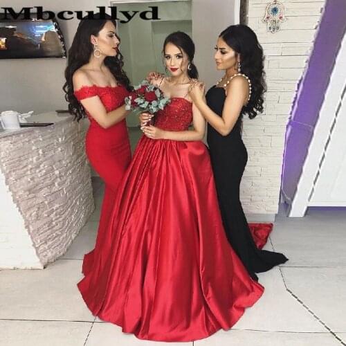 Mbcullyd Red Satin Long Evening Dresses 2020 Applique Lace Formal Prom Party Gowns For Women Plus Size Vestido De Festa