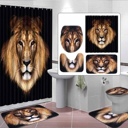 Head of A Forest Beast Lion Shower Curtain 4 Piece Toilet Lid Cover Anti-slip Soft Rugs Bath Mat Kids Bathroom Set Home Decor