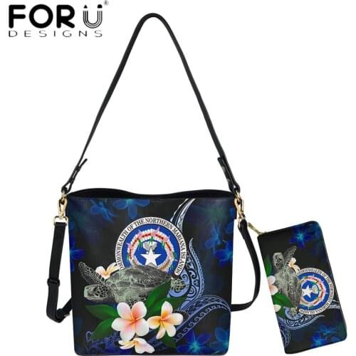 FORUDESIGNS New Womens Bags Northern Mariana Islands Polynesian Turtle Plumeria Print Luxury Leather Bucket Bag Fashion Purse