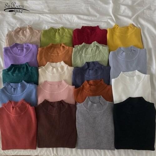 Inside Solid Half High Neck Bottoming Shirt Sweater 2021 Winter Slim Rainbow Sweater Women Long Sleeve Tight Sweater Women 16685