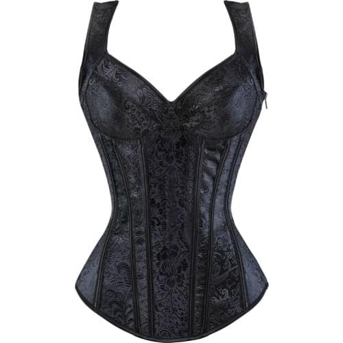 Sexy Lace up Satin Jacquard Overbust Corset Shoulder Straps Zipper Side Lingerie Waister Cincher Bustier Plus Size S-6XL