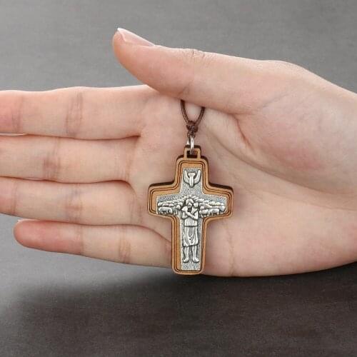 Retro Jesus Shepherd Cross Wooden Pendant Necklace Adjustable Rope Chain Necklace for Men Religious Jewelry kolye NC153