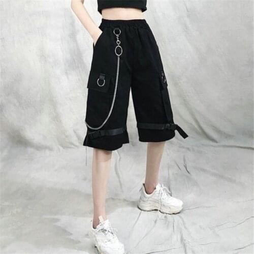 Harajuku Streetwear Women Casual Harem shorts With Chain Solid Black Cargo Cool Fashion Hip Hop Long Trousers Women