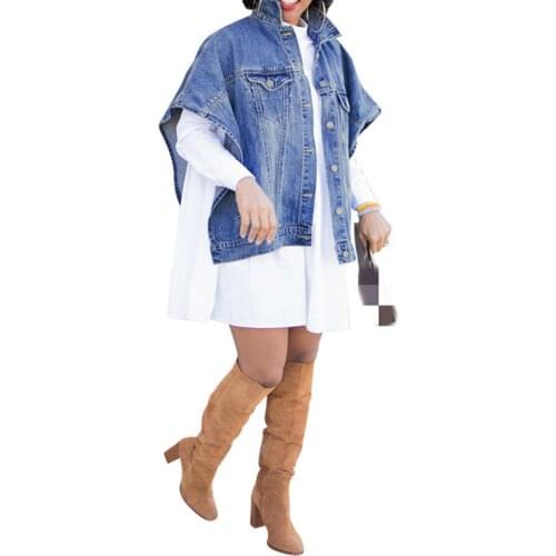 Street Snap Wear Women Solid Turn-Down Collar Cap Sleeves Denim Jackets Single-Breasted Irregular Pockets Coats 2021 Autumn New