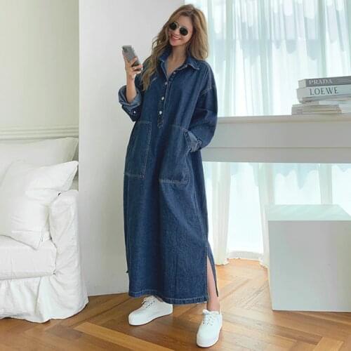 SuperAen Fashion Loose Turn Down Collar Office Lady Stright Pockets Plus Size Denim Dresses for Women