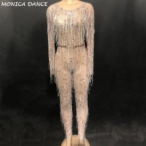 Sexy Glisten Silver Rhinestones Jumpsuit White Tassel Perspective Outfit Birthday Celebrate Evening Costume Womens Dance Wear