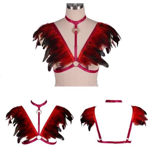 Women Sexy Harness Black Natural Feathers Cage Bra Adjustable Back Strappy Crop Tops Fashion Festival Rave Halloween Carnival