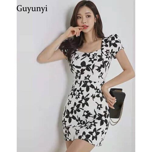 Elegant Office Lady Dress 2021 Summer Korean Version Mini Dress Square Neck Puff Sleeve Flowers High Waist Tight Dress Women