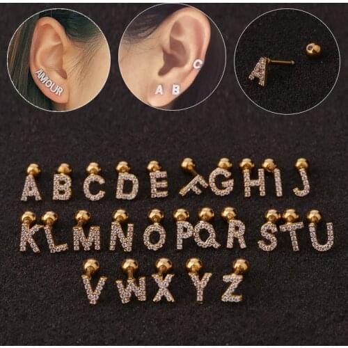 1Pc 16g Steel & Copper Ear Barbell Dainty 26 Capital Letters CZ Ear Tragus Daith Cartilage Rook Piercing Jewelry Stud Earring