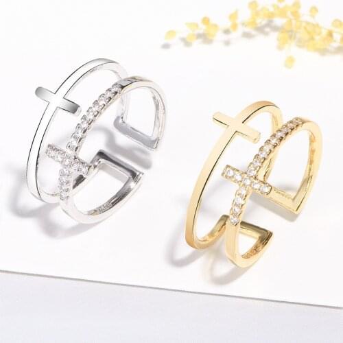 2019 korean style Tibetan sliver double cross finger rings gold wide big jesus christianity zircon custom engagement rings