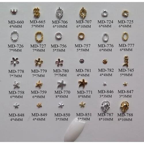 3D 50pcs/bag Different Silver Crown Dollar Flower Starfish Skull Head Nail Decoration Metal Shinny Deco 2