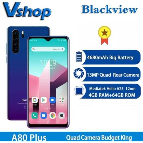 Blackview A80 Plus 4GB+64GB Mobile Phone Quad Rear Camera Octa Core 6.49 Inch In-cell Waterdrop Smartphone 4G OTG Cellphone