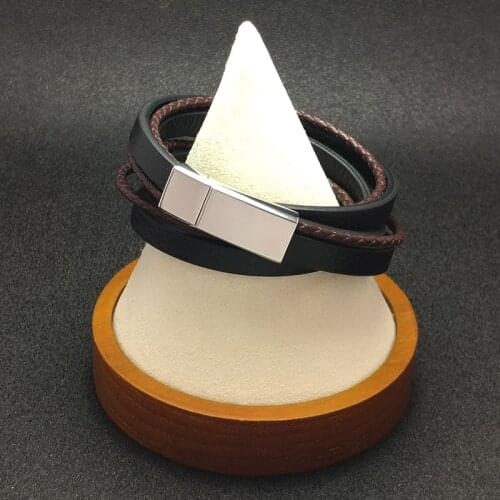 Vintage Men Wrap Bracelet Multi-layer Braided Leather Bangle Punk Jewelry Fashion Stainless Steel Wristband Male Boy Gift SY043H