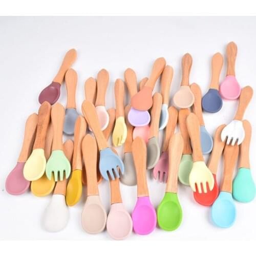 Baby Learning Wood Fork Non-Slip Spoon Baby Soft Silicone Spoon Fork Candy Color Safety Children Kids Boy Girl Food Feeding Tool