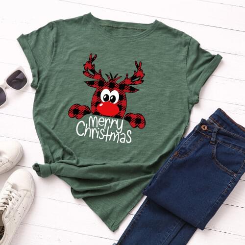 Womens Graphic Tees Cotton Short Sleeve Crew Neck Loose T Shirt Tops Female Casual Clothes Merry Christmas Deer Shirt