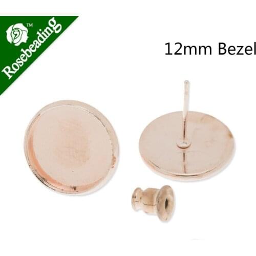 12MM Round stud earring,Rose Gold plated,fit 12mm glass cabochon;earring bezels,earring blank,sold 50pcs/lot-C3257