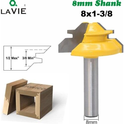 LA VIE 1pc 8mm Shank 45 Degree Lock Miter Router Bit 1/2 Stock Medium Lock Miter Milling Bit Wood Carving Tenon Knife MC02010